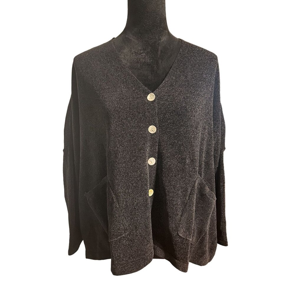 Wynne Lounge Chenille Knit Oversized Cozy Black Button-Up Cardigan Sweater Sz PL
